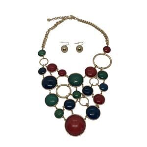 Fabulous Fashion 15” Gold Chain Necklace & Earrings Red Green Blue Disc Bib USA